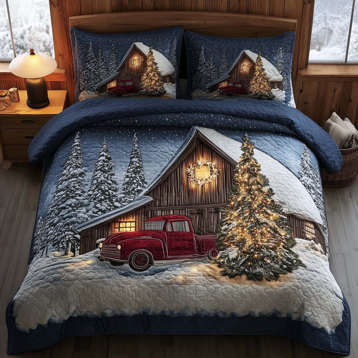 Winter Barn Tree quilted 3-piece bedding set on a made bed in a winter-styled bedroom