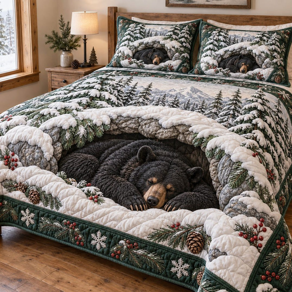 Winter Bear Den quilted 3-piece bedding set on a made bed in a winter-styled bedroom