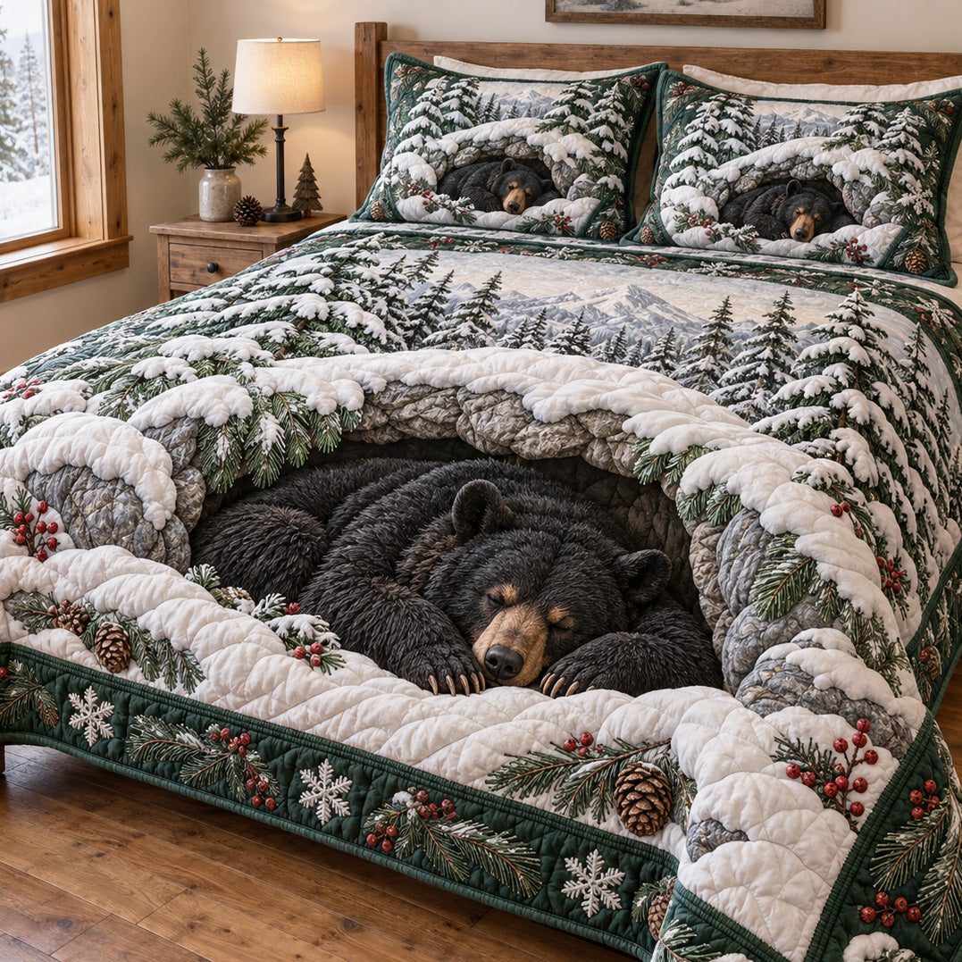 Winter Bear Den quilted 3-piece bedding set on a made bed in a winter-styled bedroom