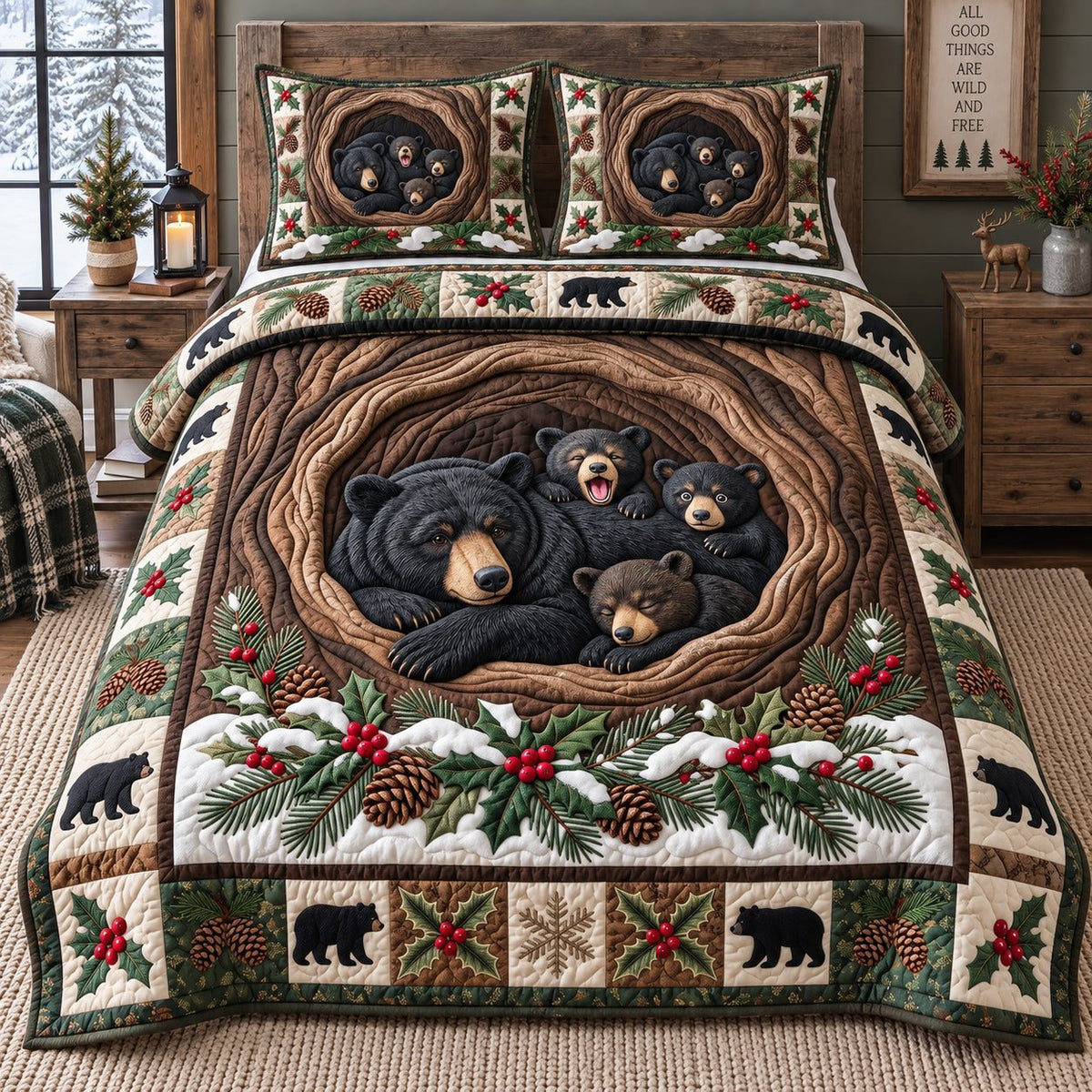 Winter Bear Family quilted 3-piece bedding set on a made bed in a winter-styled bedroom