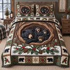 Winter Bear Family quilted 3-piece bedding set on a made bed in a winter-styled bedroom