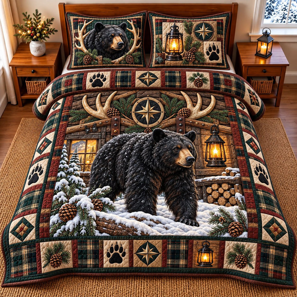 Winter Bear quilted 3-piece bedding set on a made bed in a winter-styled bedroom