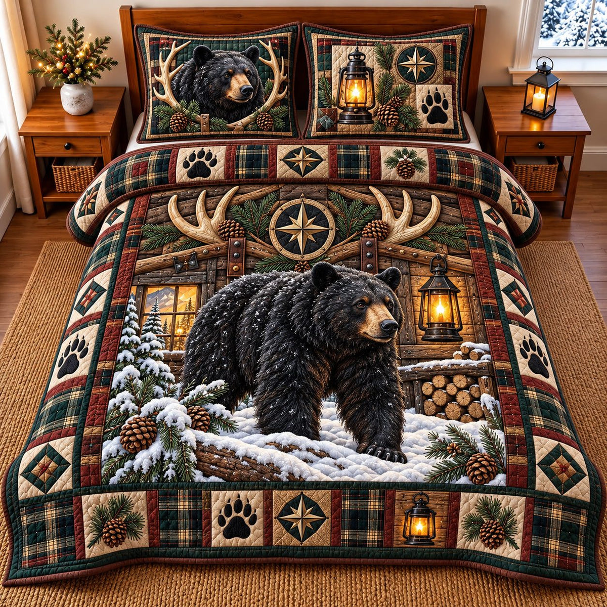 Winter Bear quilted 3-piece bedding set on a made bed in a winter-styled bedroom