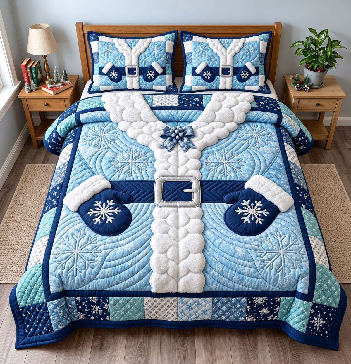 Winter Blue Santa quilted 3-piece bedding set on a made bed in a winter-styled bedroom