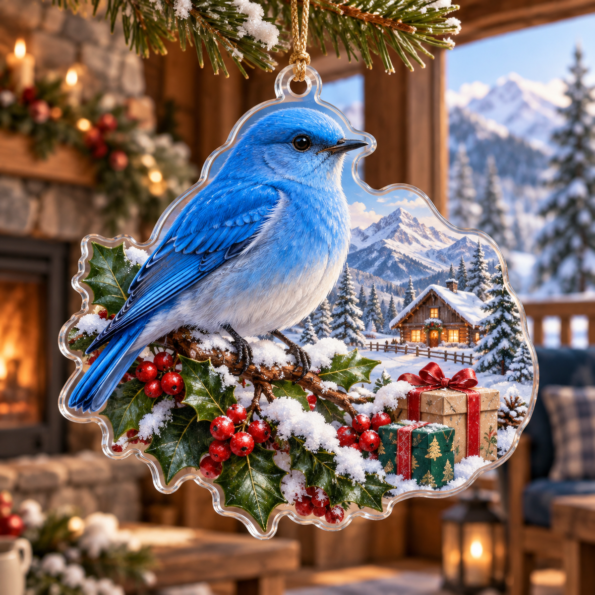 Winter Bluebird Acrylic Christmas Ornament — digital product visualization