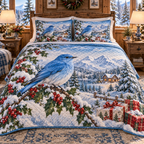 Winter Bluebird Christmas 3-Piece Quilted Bedding Set — digital product visualization