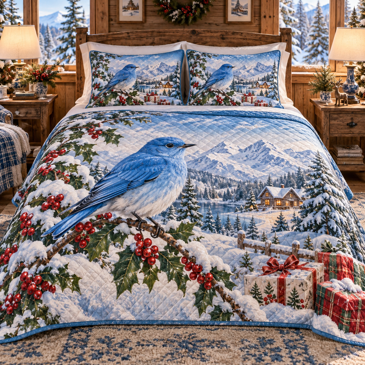 Winter Bluebird Christmas 3-Piece Quilted Bedding Set — digital product visualization