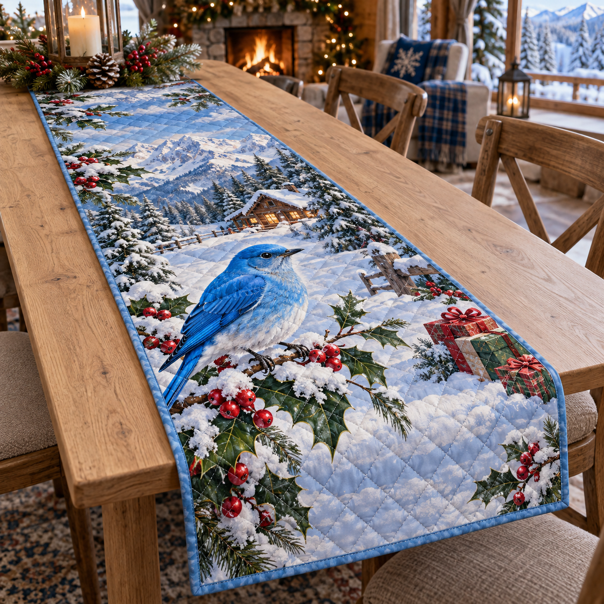 Winter Bluebird Christmas Quilted Table Runner — digital product visualization