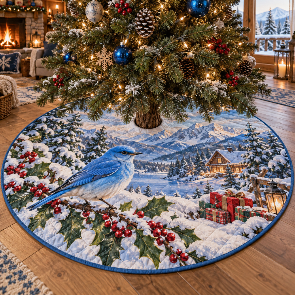 Winter Bluebird Quilted Christmas Tree Skirt — digital product visualization