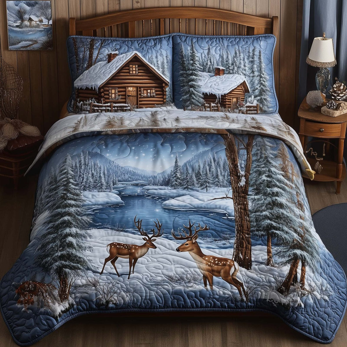 Winter Cabin Deer quilted 3-piece bedding set on a made bed in a winter-styled bedroom