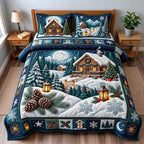 Winter Cabin Forest quilted 3-piece bedding set on a made bed in a winter-styled bedroom