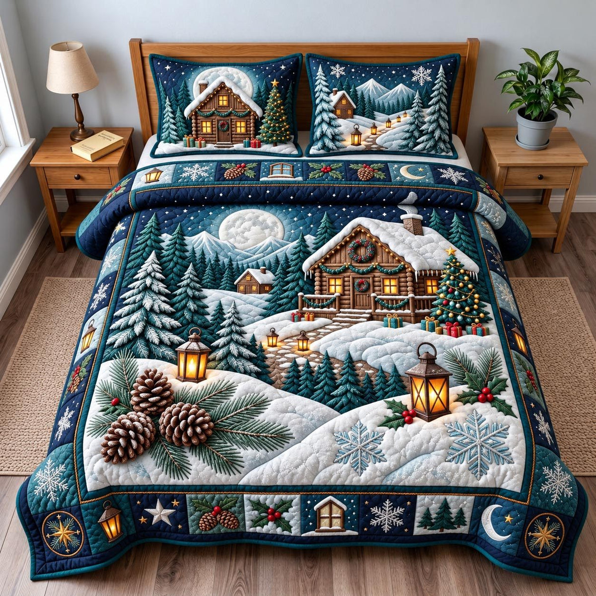 Winter Cabin Forest quilted 3-piece bedding set on a made bed in a winter-styled bedroom