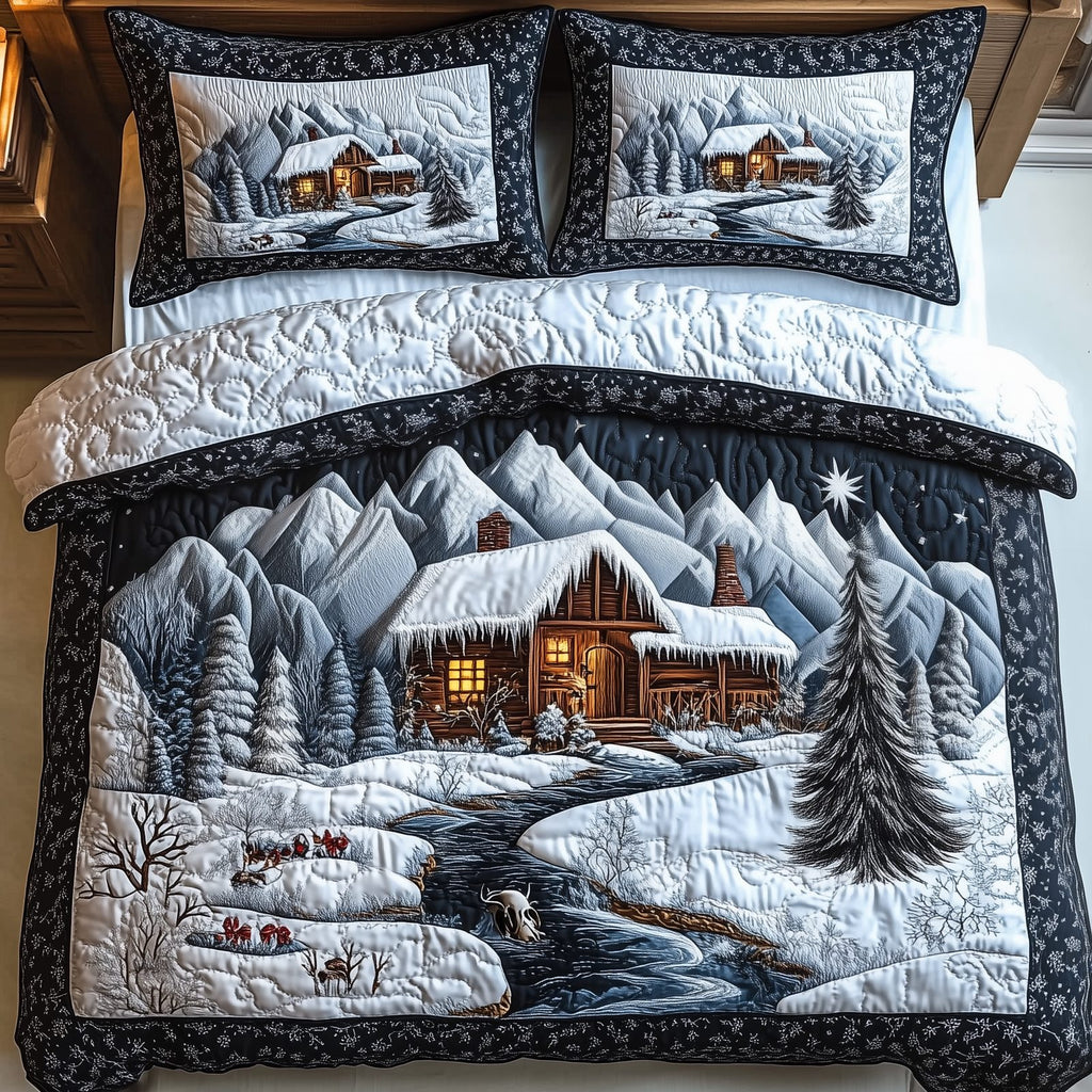 Winter Cabin Night Peaks quilted 3-piece bedding set on a made bed in a winter-styled bedroom