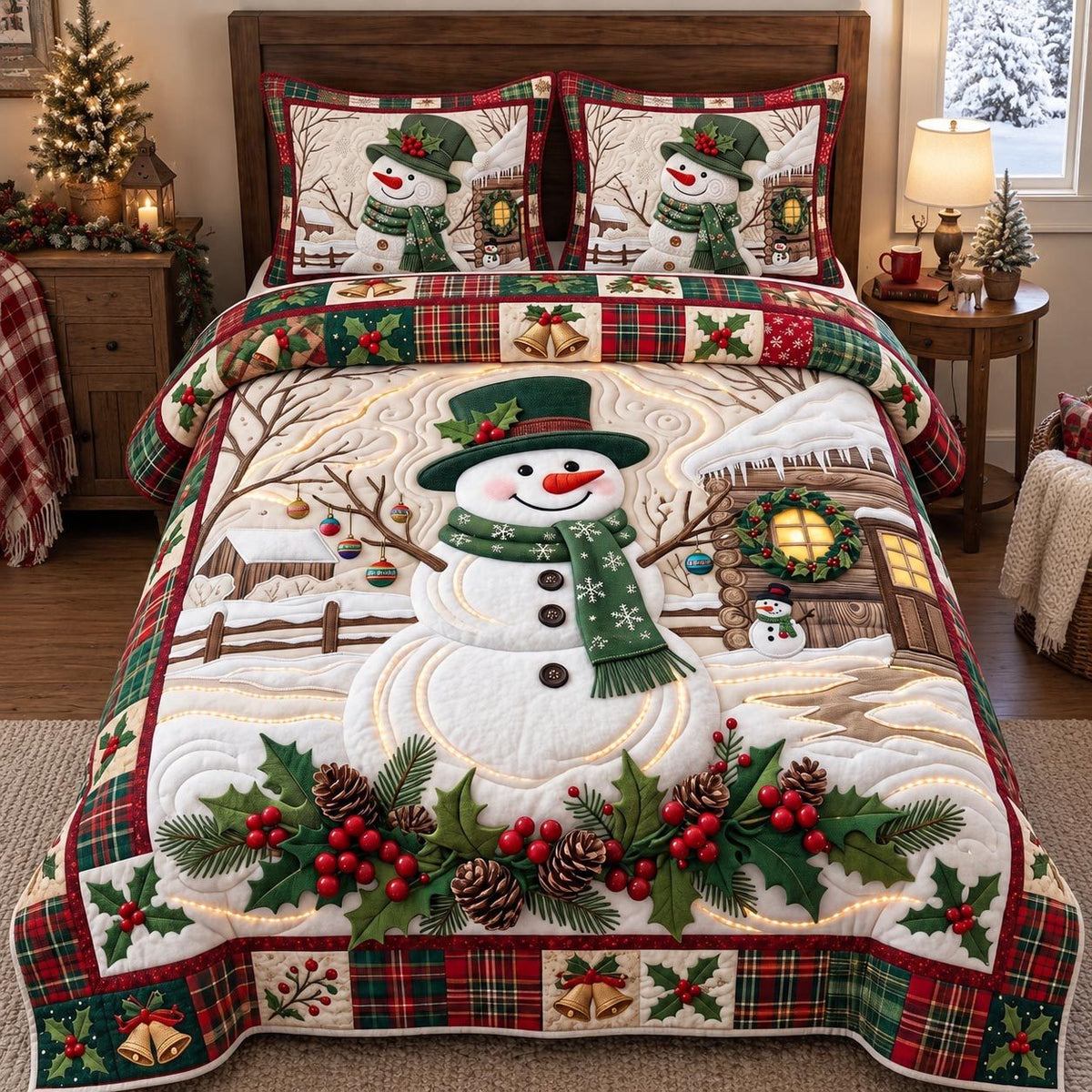 Winter Cabin Snowman quilted 3-piece bedding set on a made bed in a winter-styled bedroom