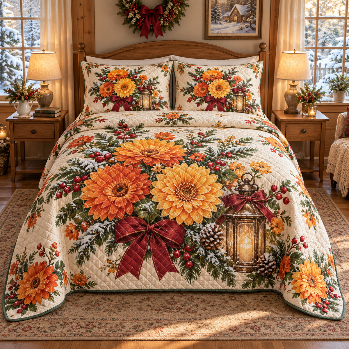 Winter Calendula Christmas 3-Piece Quilted Bedding Set — digital product visualization