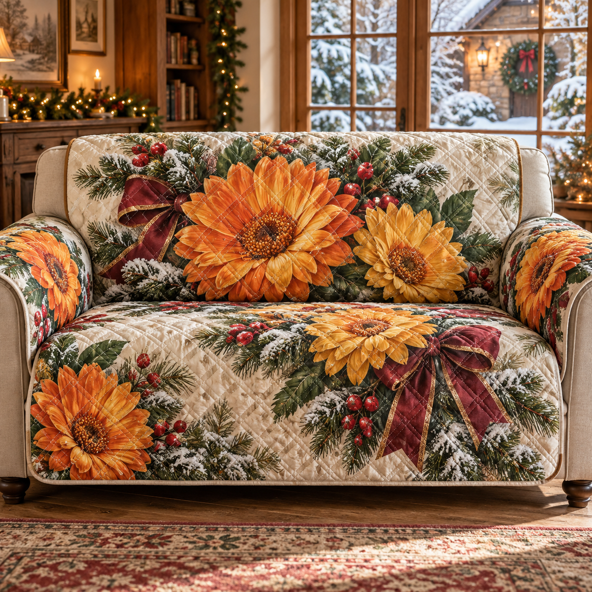 Winter Calendula Christmas Quilted Sofa Cover — digital product visualization