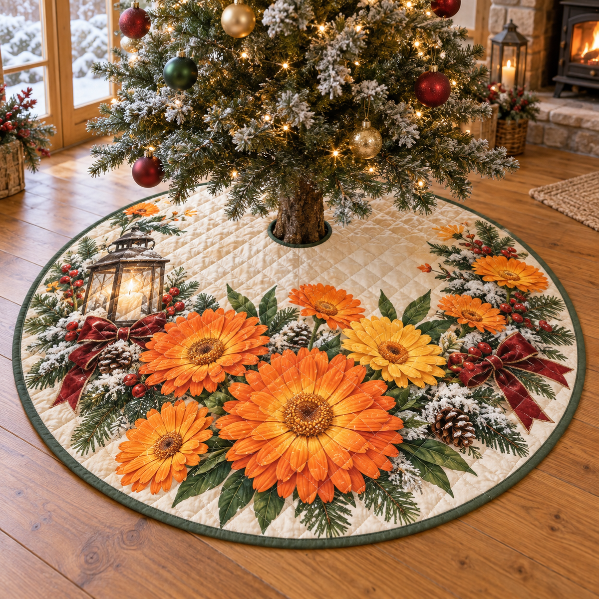 Winter Calendula Quilted Christmas Tree Skirt — digital product visualization