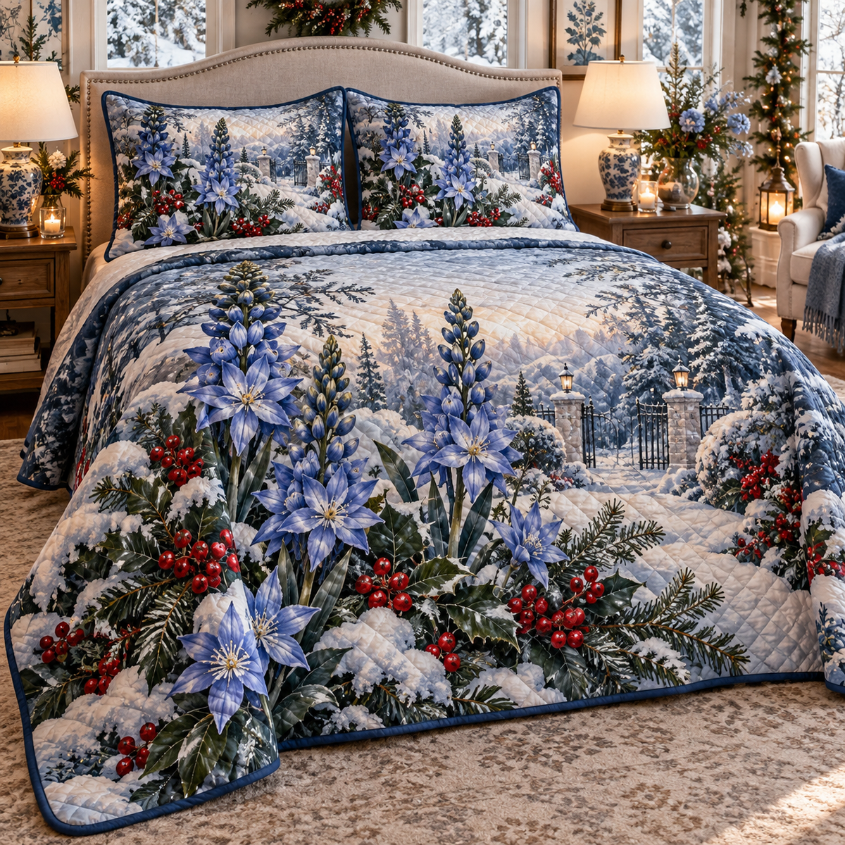 Winter Camassia Christmas 3-Piece Quilted Bedding Set — digital product visualization