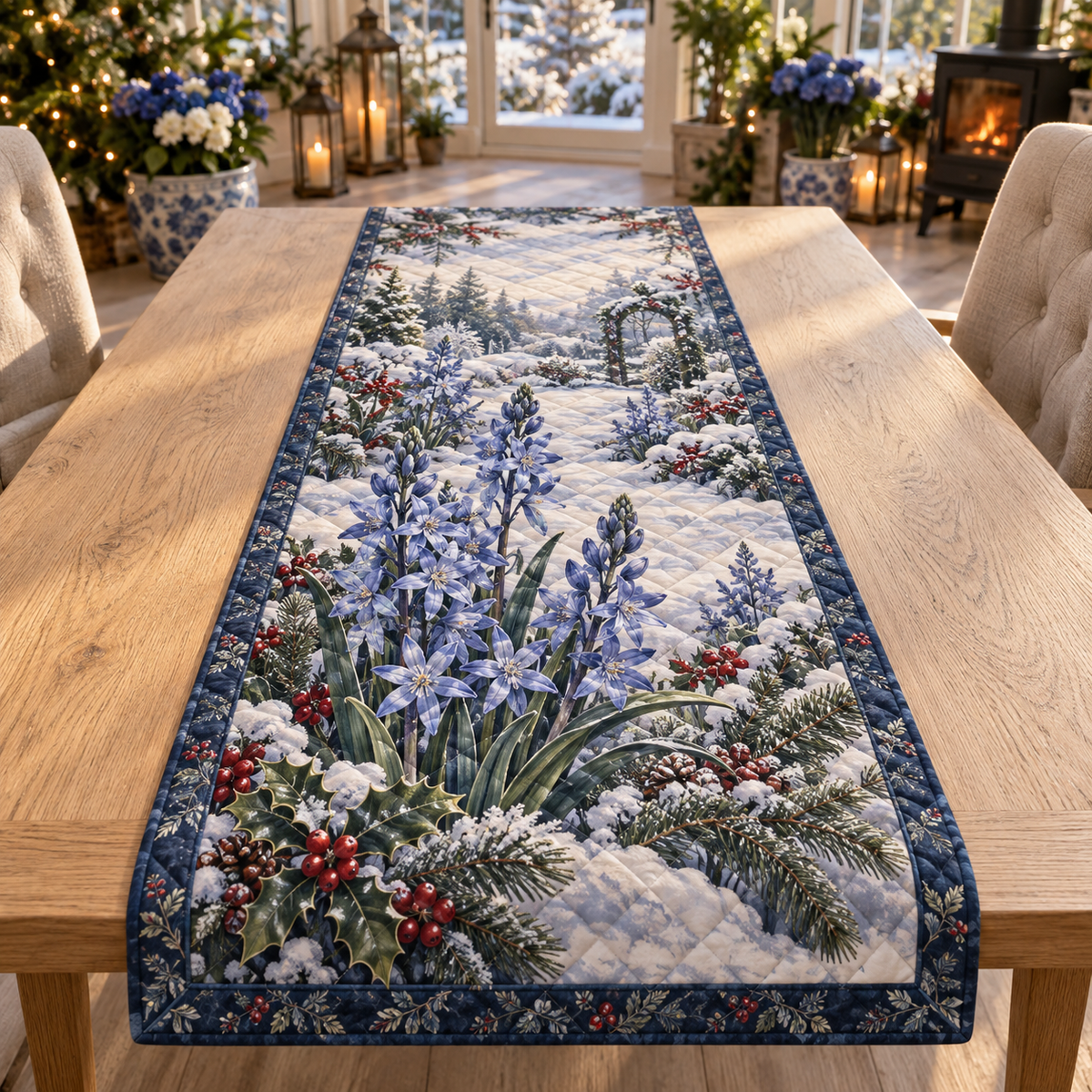 Winter Camassia Christmas Quilted Table Runner — digital product visualization