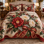 Winter Camellia Christmas 3-Piece Quilted Bedding Set — digital product visualization