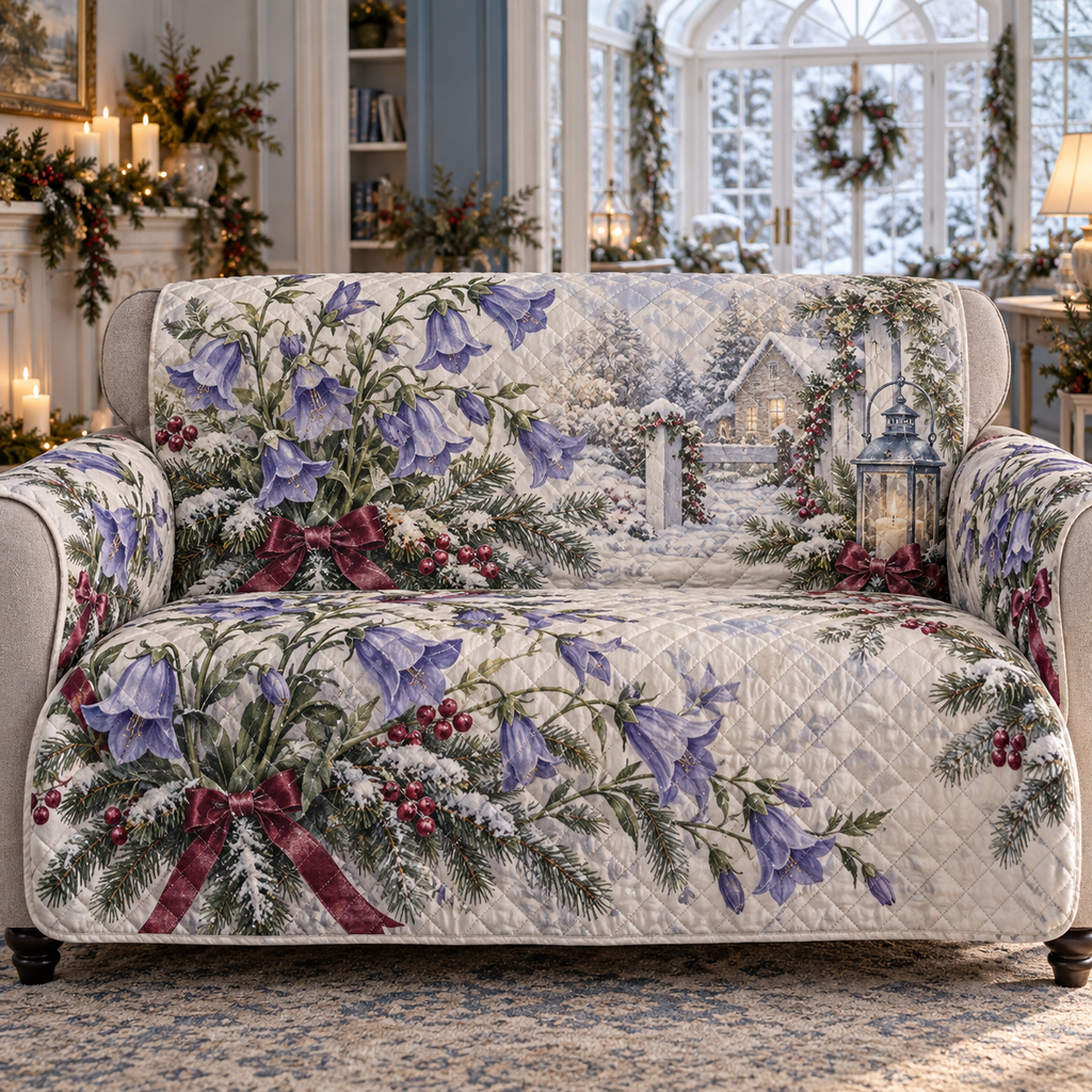 Winter Campanula Christmas Quilted Sofa Cover — digital product visualization