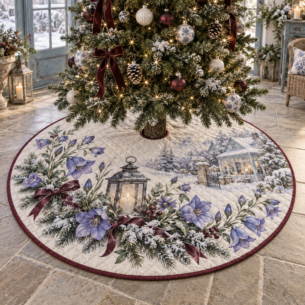 Winter Campanula Quilted Christmas Tree Skirt — digital product visualization