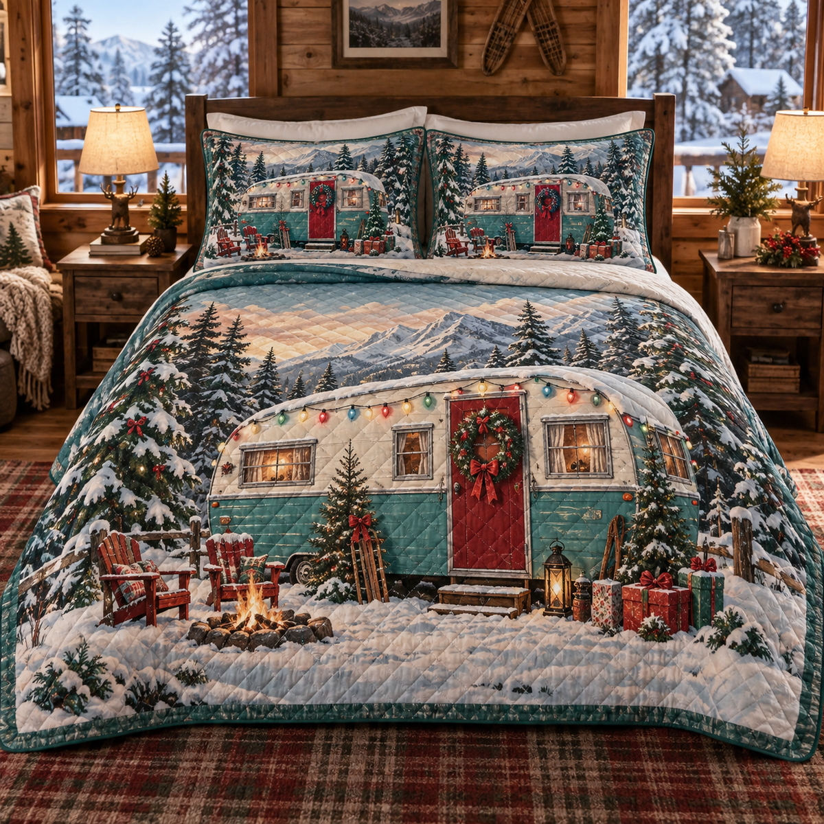 Winter Camper Christmas 3-Piece Quilted Bedding Set — digital product visualization