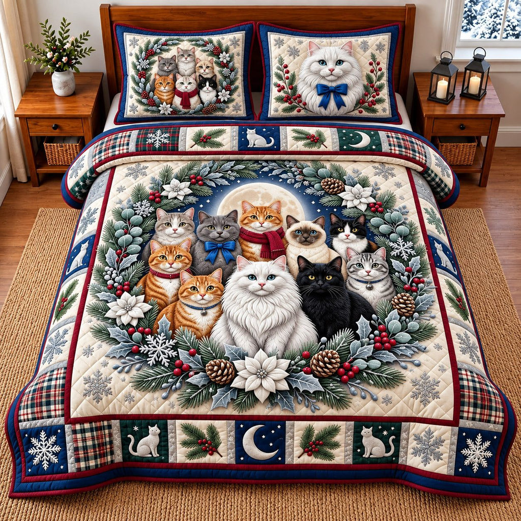 Winter Cat quilted 3-piece bedding set on a made bed in a winter-styled bedroom