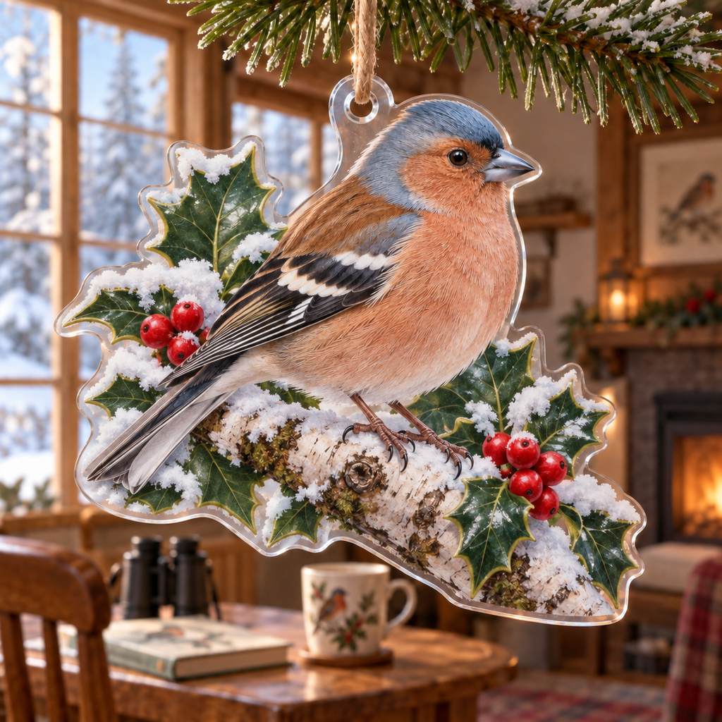 Winter Chaffinch Acrylic Christmas Ornament — digital product visualization