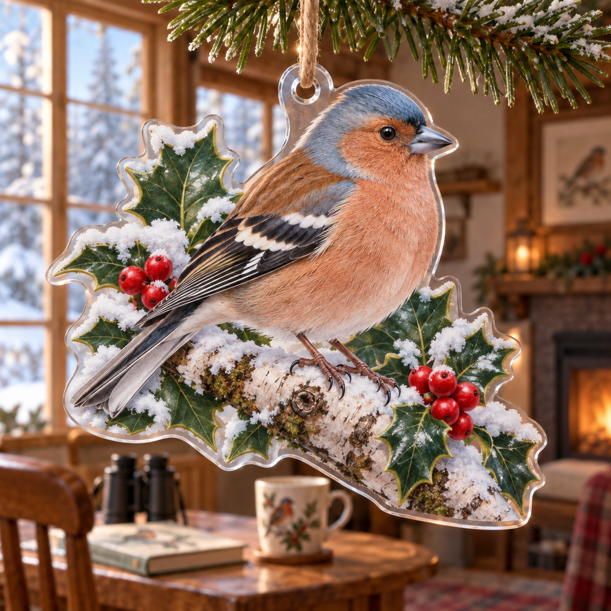 Winter Chaffinch Acrylic Christmas Ornament — digital product visualization