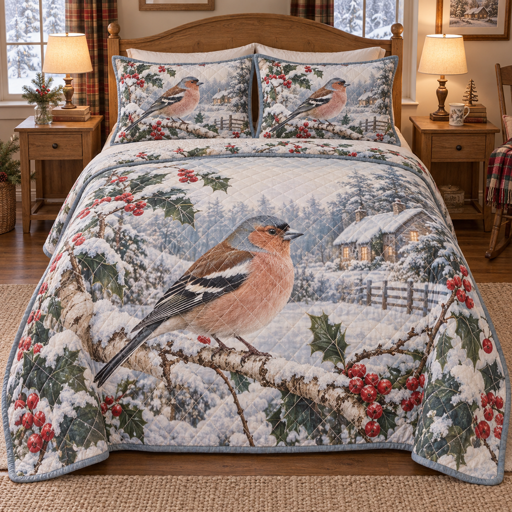 Winter Chaffinch Christmas 3-Piece Quilted Bedding Set — digital product visualization