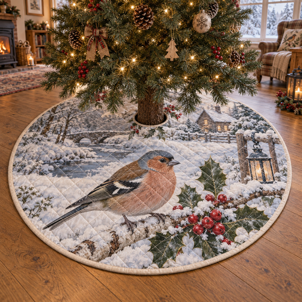 Winter Chaffinch Quilted Christmas Tree Skirt — digital product visualization