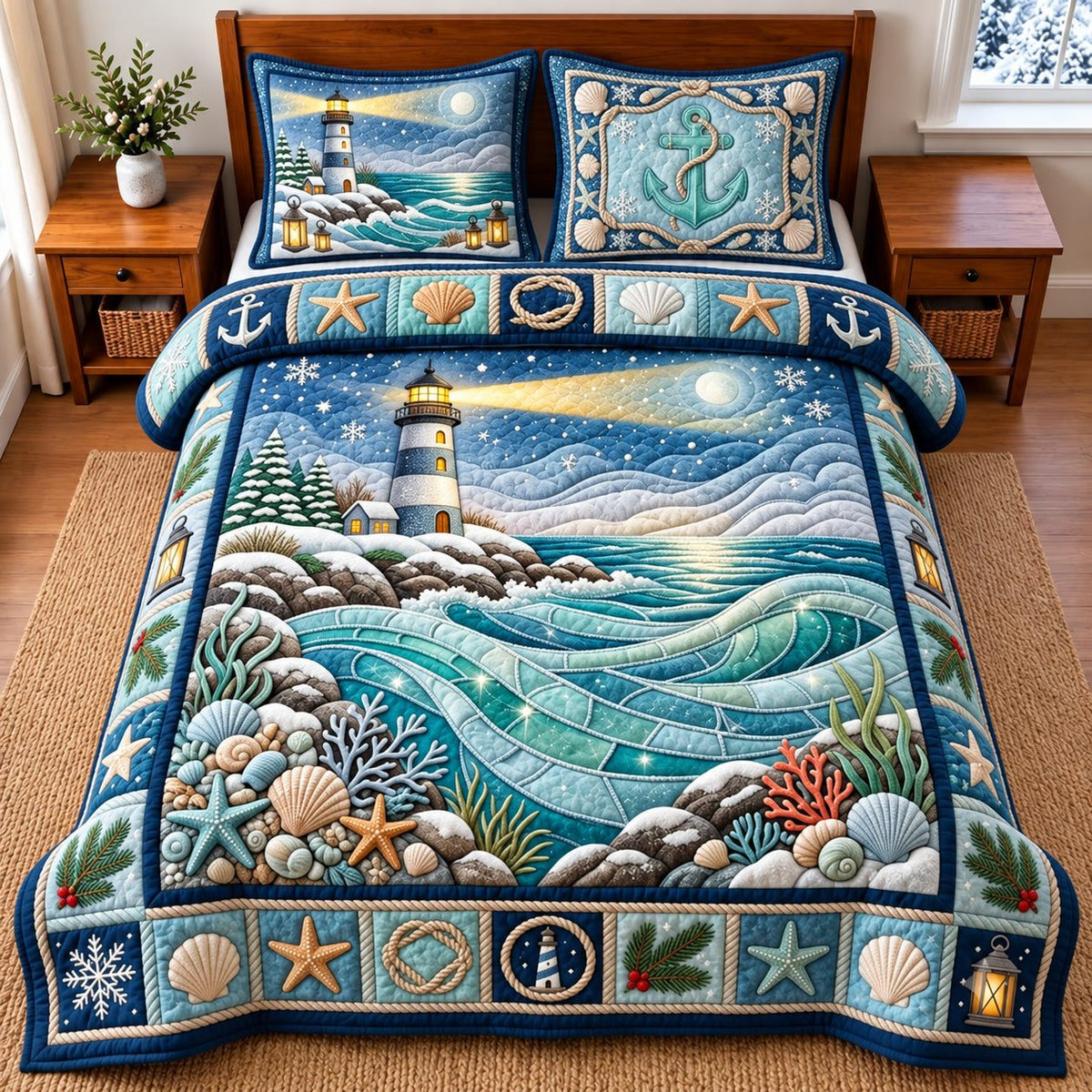 Winter Coast quilted 3-piece bedding set on a made bed in a winter-styled bedroom