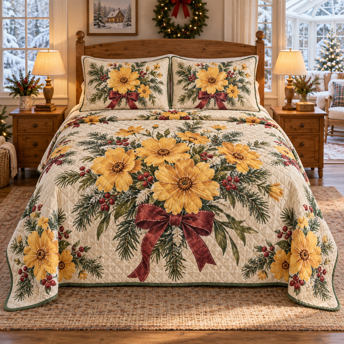 Winter Coreopsis Christmas 3-Piece Quilted Bedding Set — digital product visualization