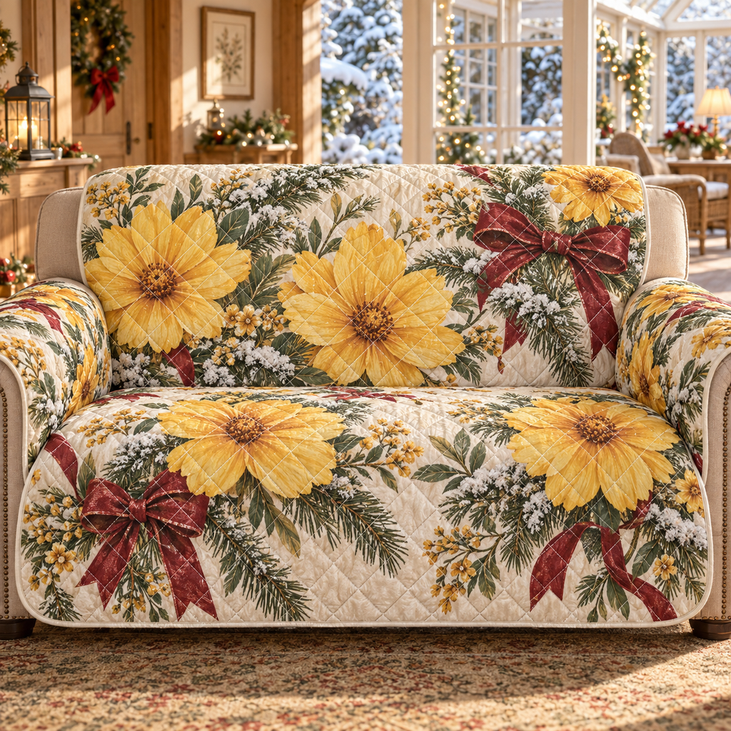Winter Coreopsis Christmas Quilted Sofa Cover — digital product visualization