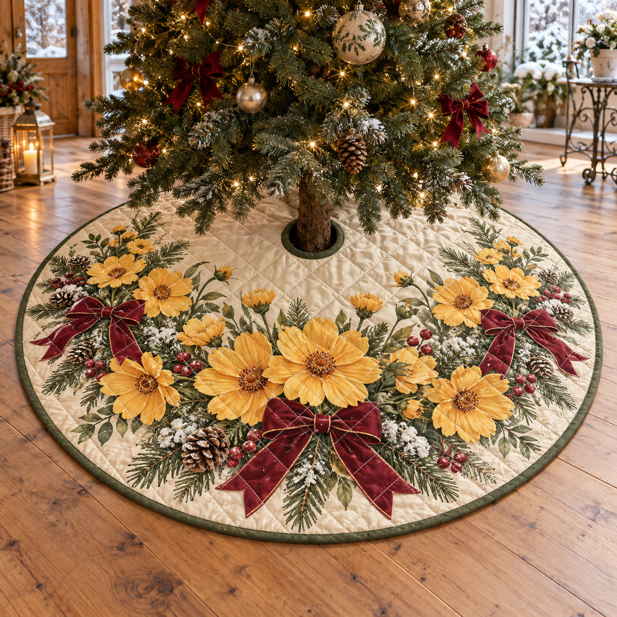 Winter Coreopsis Quilted Christmas Tree Skirt — digital product visualization
