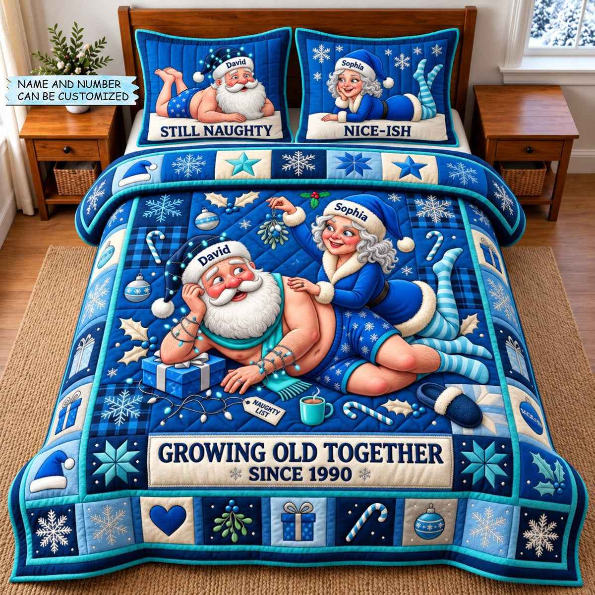 Winter Couple 3-Piece Quilted Bedding Set QTCUZ quilted 3-piece bedding set on a made bed in a winter-styled bedroom