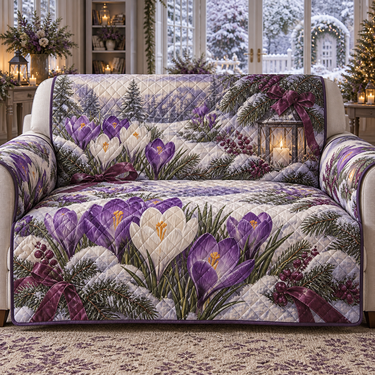 Winter Crocus Christmas Quilted Sofa Cover — digital product visualization