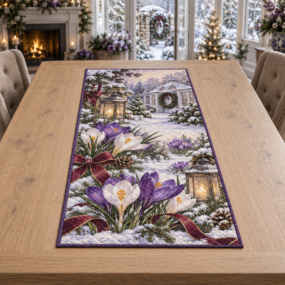 Winter Crocus Christmas Quilted Table Runner — digital product visualization