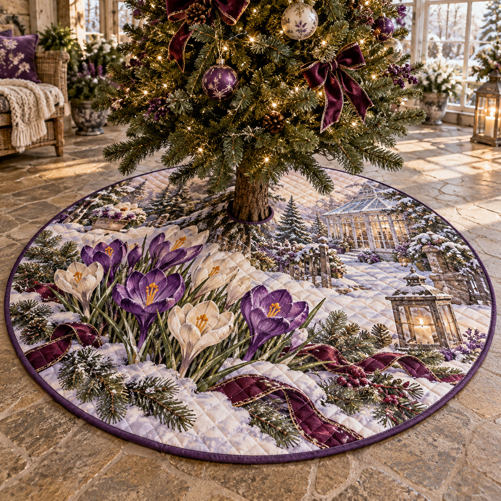 Winter Crocus Quilted Christmas Tree Skirt — digital product visualization