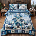 Winter Crystal Tree quilted 3-piece bedding set on a made bed in a winter-styled bedroom