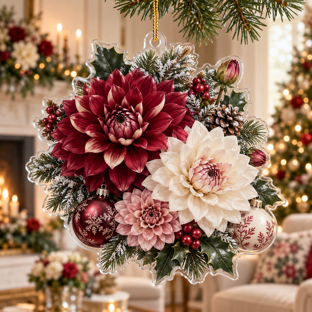 Winter Dahlia Acrylic Christmas Ornament — digital product visualization
