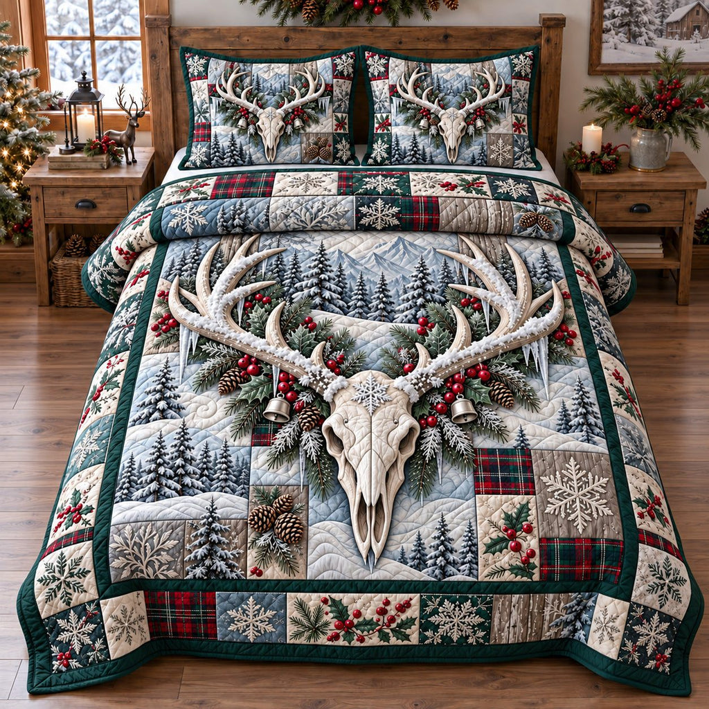 Winter Deer Skull Patchwork quilted 3-piece bedding set on a made bed in a winter-styled bedroom