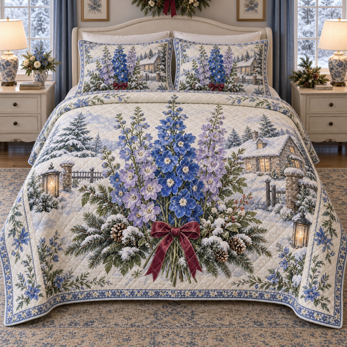 Winter Delphinium Christmas 3-Piece Quilted Bedding Set — digital product visualization