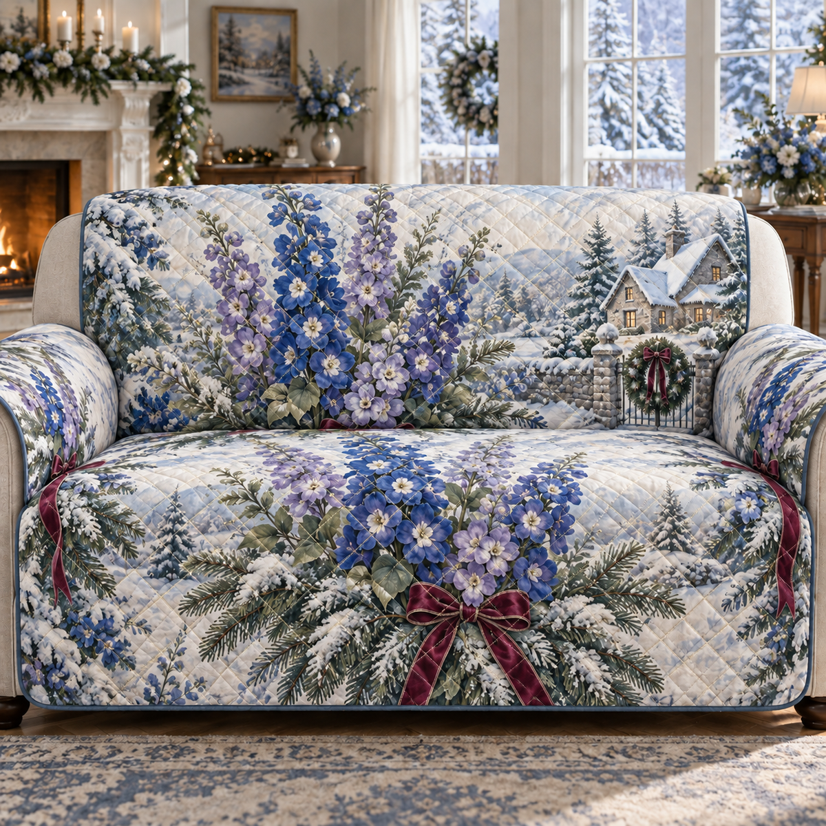 Winter Delphinium Christmas Quilted Sofa Cover — digital product visualization