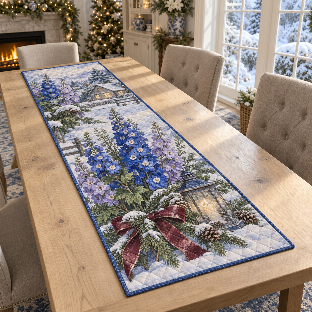 Winter Delphinium Christmas Quilted Table Runner — digital product visualization