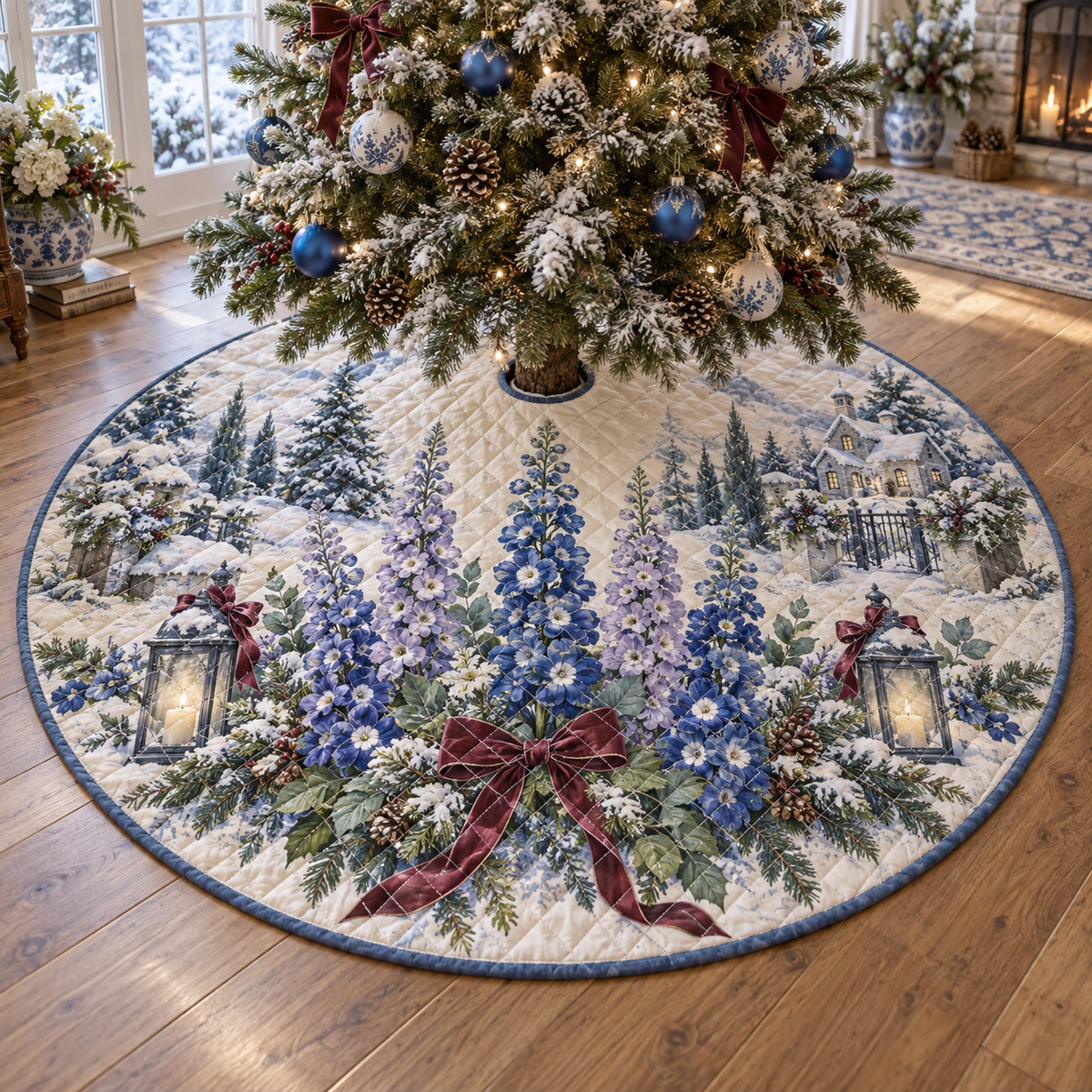 Winter Delphinium Quilted Christmas Tree Skirt — digital product visualization