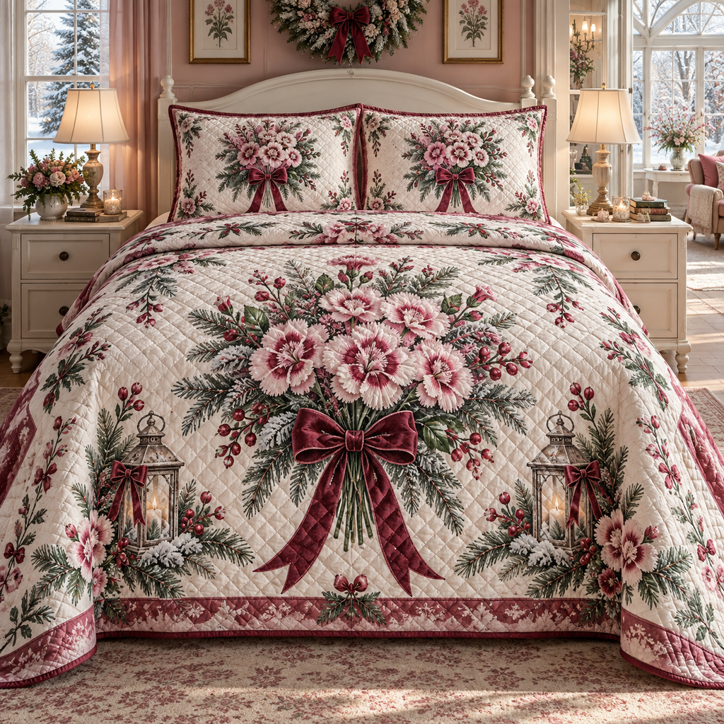 Winter Dianthus Christmas 3-Piece Quilted Bedding Set — digital product visualization