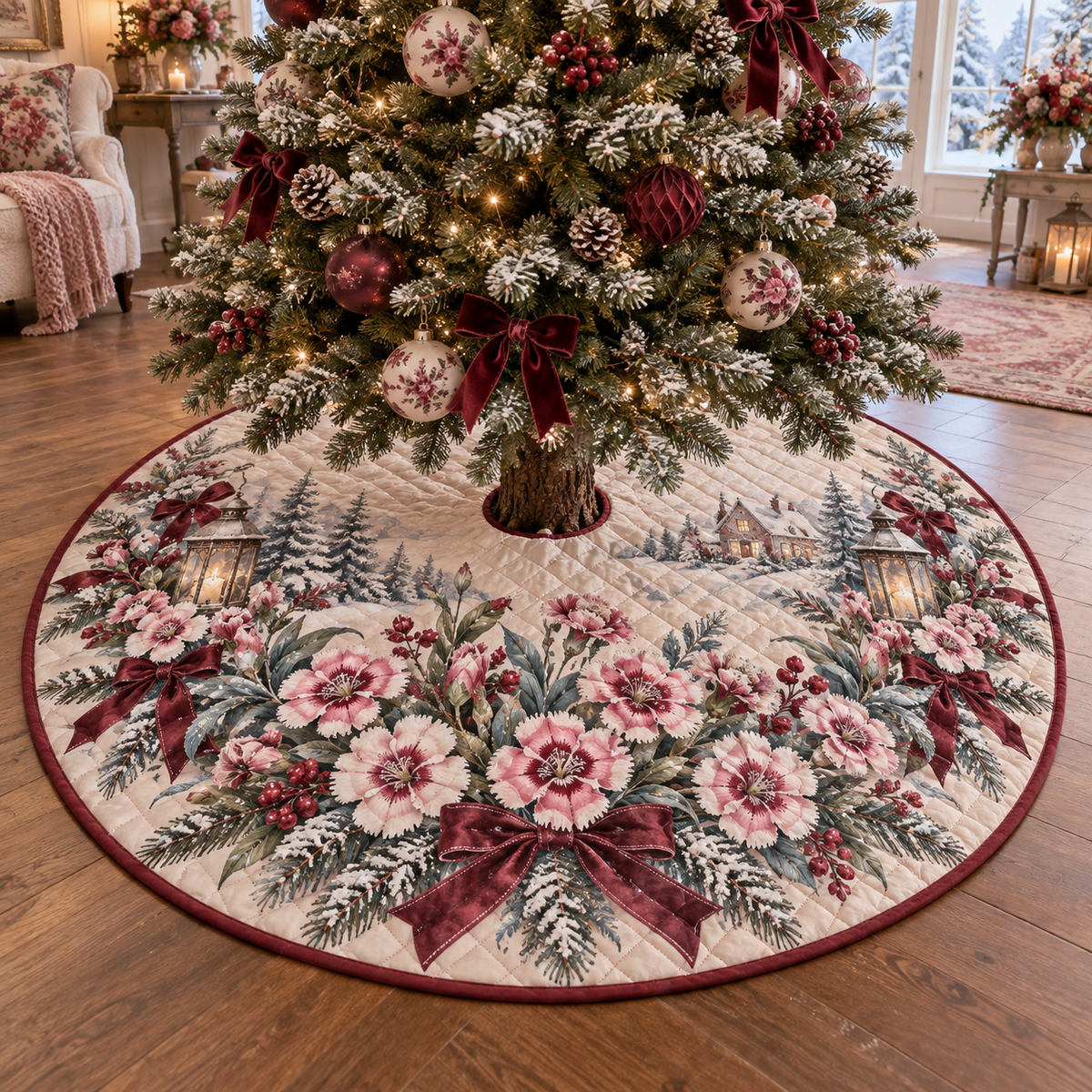 Winter Dianthus Quilted Christmas Tree Skirt — digital product visualization
