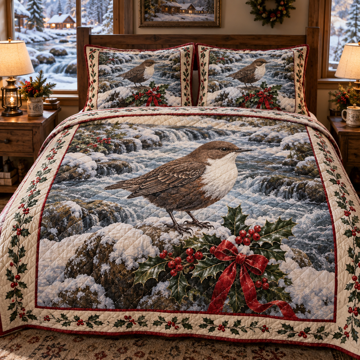 Winter Dipper Christmas 3-Piece Quilted Bedding Set — digital product visualization